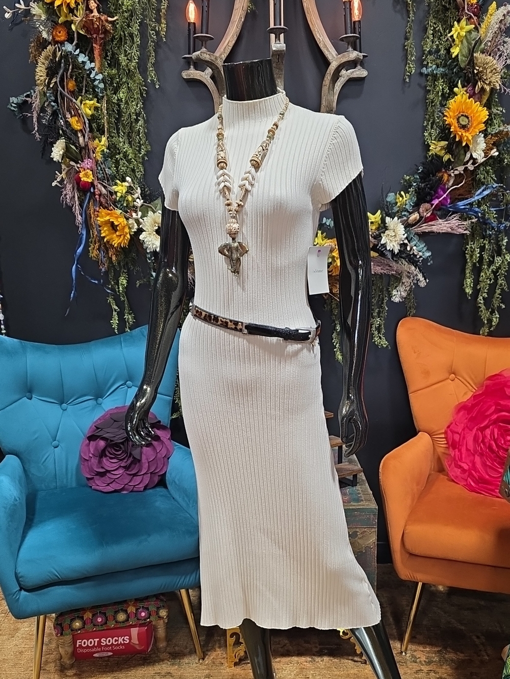 Bohme Cream Ribbed Knit Midi Dress with Short Sleeves